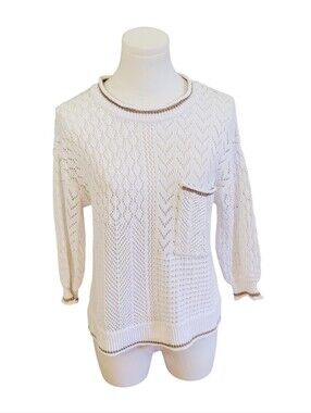 Democracy Crisp White Like New Crocheted Lace Pocketed Sweater Size Small